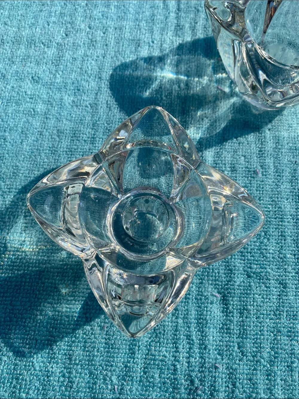 Vintage Heavy Clear Crystal Candle Holders Four-Sided Blooming Petals- Set of 2